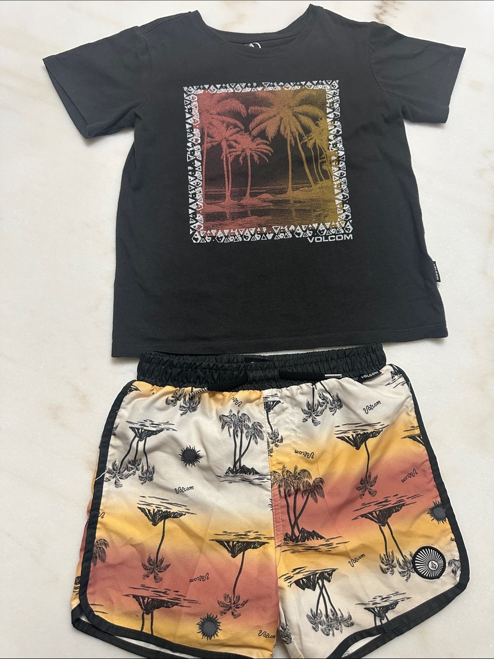 Volcom Black Tee with Sunset Palm Graphic and Gradient Swim Shorts